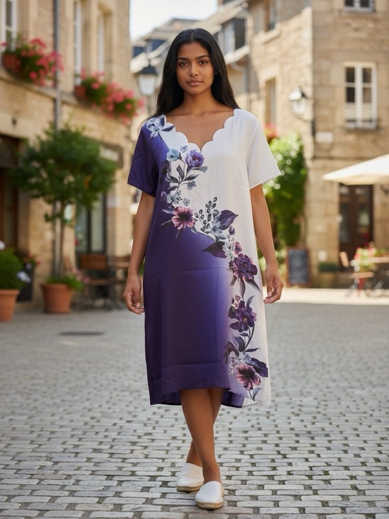 SHEIN Dresses & Skirts - SHEIN Purple and White Floral Scallop-Neck Midi Dress